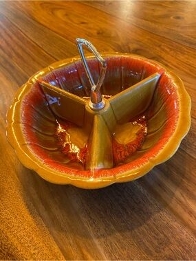 Orange Drip Glaze Divided Bowl USA Pottery R-131 60s.